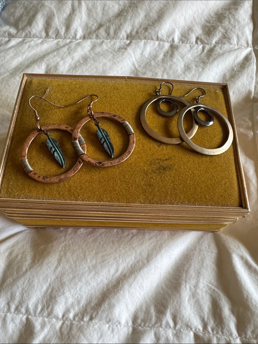 Boho Copper Hoop Earrings with Teal Feather Charm and Double Hoop Earrings